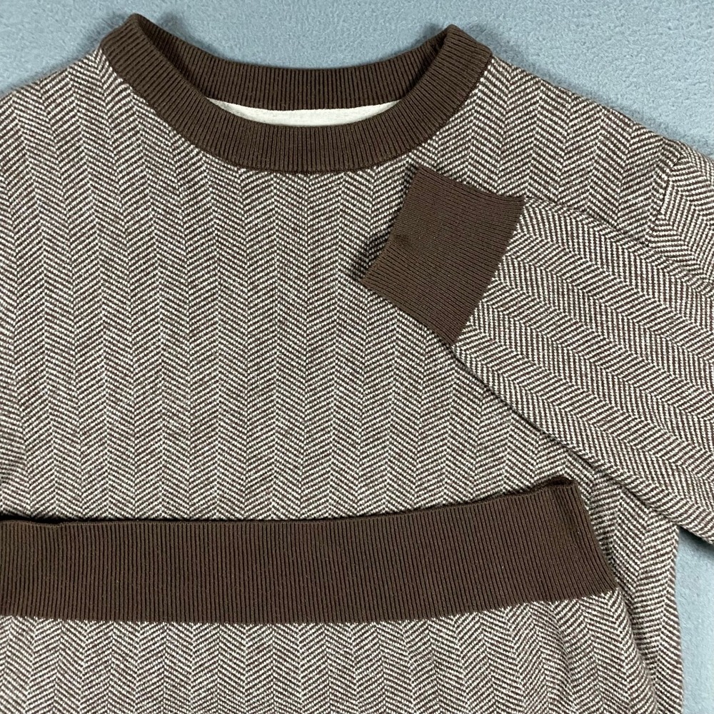 Lachlan British Inspired Brown Herringbone Crewneck Sweater Mens‎ Small